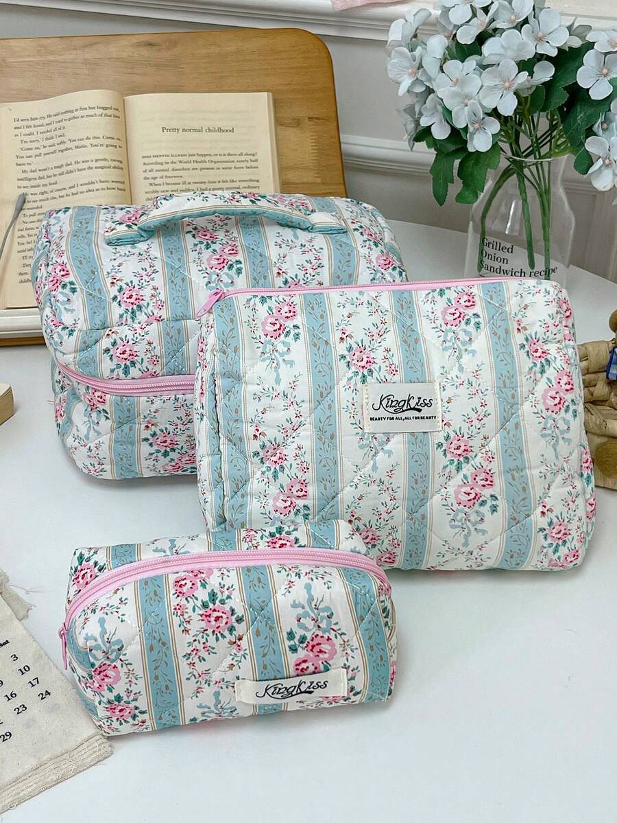 1pc Green Floral Print Cosmetic Bag Set, Zipper Makeup Organizer Bag For Skincare, Cosmetics, Lip Balm, Sunscreen, Hand Cream, Earphones, Coins, Small Items, Cute Makeup Pouch, Makeup Bag, Makeup Case, Essential For Daily Commute, Travel, Cruise, Dorm, Gift For Friend's Birthday, Bridesmaid, Mom, Teacher - Green - View 1