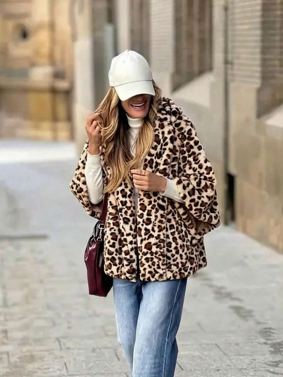 Women's Loose Fit Fashionable Leopard Print Zip-Up Jacket, Autumn/Winter - Apricot - View 1