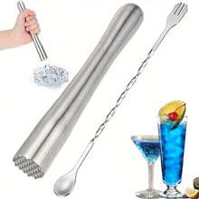 8.9-Inch Premium Stainless Steel Cocktail Muddler And 10.2-Inch Long-Handle Bar Mixing Spoon, Home Bar Tool Set, Bar Accessories Tools, Suitable For Mojito Juice Drink - Multicolor - View 2