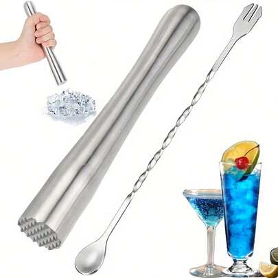 8.9 英寸优质不锈钢鸡尾酒捣棒和 10.2 英寸长柄吧台搅拌勺，家用酒吧工具套装，酒吧配件，适用于莫吉托果汁饮料