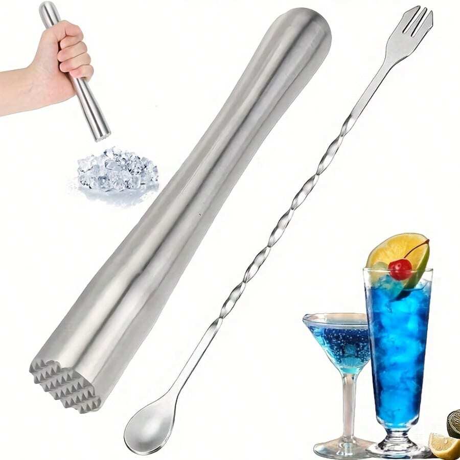 8.9-Inch Premium Stainless Steel Cocktail Muddler And 10.2-Inch Long-Handle Bar Mixing Spoon, Home Bar Tool Set, Bar Accessories Tools, Suitable For Mojito Juice Drink