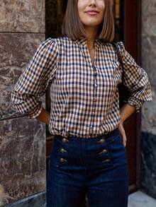 女士优雅休闲格子长袖衬衫，V领，饰有荷叶边。蜂窝状宽袖口。纽扣闭合，时尚优雅的春夏上衣。 - 混合色 - 查看 4