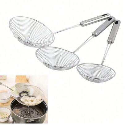 不锈钢滤网套装 - 多尺寸悬挂式滤网，适用于沥水、煎炸和烹饪 - 耐用金属漏勺平底盛菜勺