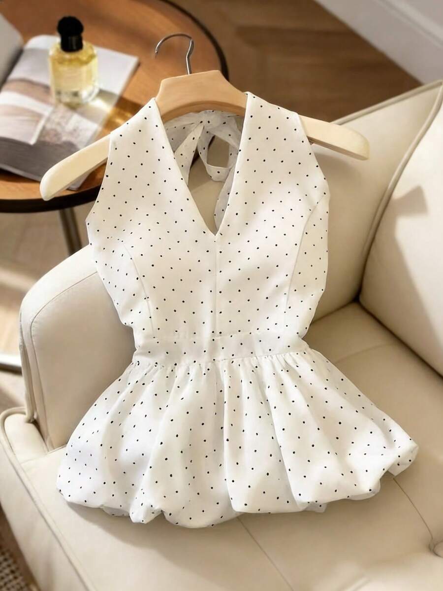 女士波点吊带系带休闲优雅百搭V领修身露背蝴蝶结下摆短款背心，春夏款，女士夏季穿搭，夏季上衣，女士沙滩装，女士外套，度假，海边，荷叶边，波点 - 黑與白 - 查看 1