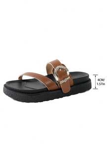 New Fashion Metal Buckle Decor Slip-On Wedge Heel Sandals, Comfortable Non-Slip, Versatile & Easy To Clean, Suitable For Beach & Daily Wear - Brown - View 7