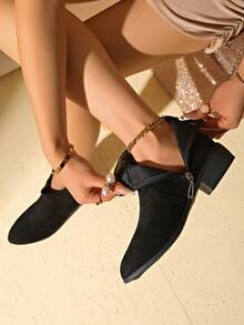 女士新款切尔西踝靴，适合春秋季穿着，粗跟简约设计，侧拉链，轻便透气，时尚百搭，适合日常休闲穿着。 - 黑色 - 查看 7