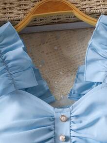 2件套女童褶皱吊带背心和3D玫瑰网纱拼接不对称短裤套装，夏季 - 淺藍色 - 查看 4