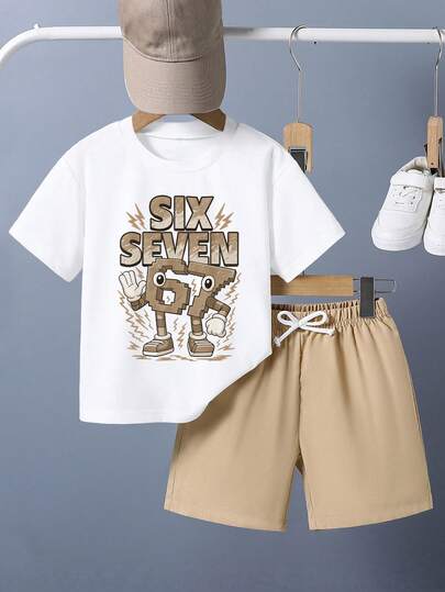 Bộ đồ mùa hè cho bé trai tuổi teen, gồm áo thun ngắn tay và quần short in hình hoạt hình.