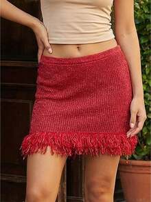 Women Y2k Fringe Knit Mini Skirts Boho Bodycon Low Waist Going Out Crochet Tassel Short Skirt - Đỏ - Xem 3