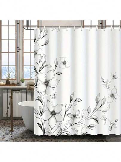 1pc Minimalist Gray & White Floral Shower Curtain, Modern Botanical Printed Shower Curtain, Suitable For Bathroom Decor, General Room Decor, Home Decor Set, Bathroom Accessories Bathtub Curtain