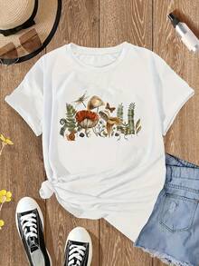 Casual Fashion Short Sleeve T-Shirt Nature-Inspired Floral  Fauna Print With Dragonfly Mushroom Snail Round Neck Top - 白色1 - 查看 1