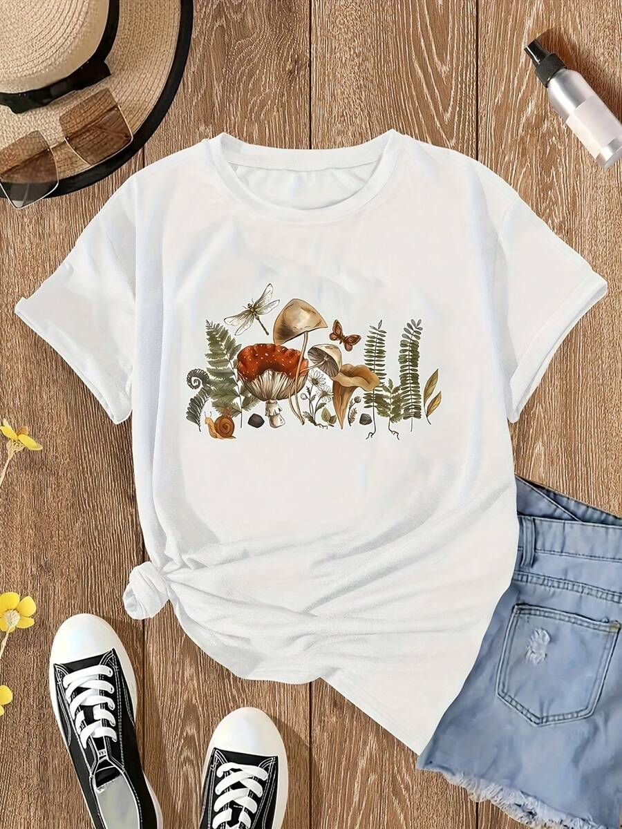 Casual Fashion Short Sleeve T-Shirt Nature-Inspired Floral  Fauna Print With Dragonfly Mushroom Snail Round Neck Top - 白色1 - 查看 1