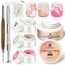 LIMEGIRL 3D立体雕刻图案凝胶指甲油套装：3色印花凝胶指甲油调色盘，免擦拭晕染凝胶指甲油，3D立体雕刻凝胶，包含用于极光渐变美甲DIY的海绵工具 - 彩色 - 查看 10