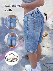 女士时尚休闲直筒宽松运动学院复古做旧百搭牛仔七分裤 夏季 - 淺炒雪花1 - 查看 3