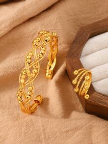 两件套中东沙特阿拉伯风格镀金铜珠手镯戒指套装，包含一个手镯和一个戒指，适合作为斋月礼物送给女性。