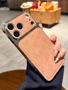 奢华电镀仿皮手机壳，兼容 17 Air 16 Pro Max 16 15 14 13 Pro Max，电镀摄像头保护后盖 - 卡其 - 查看 1