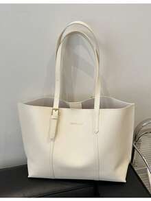 2pcs/Set Solid Color Large Capacity Shoulder Tote Bag And Clutch Purse, Made Of PU Leather, Suitable For Girls/Women Daily Use, Work And Shopping, Also Can Be Mother-Daughter Matching, Best Gift For Mother's Day - Beige - View 3