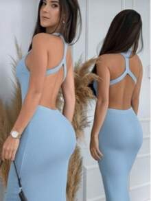 Midi Knit Dress With Crossover Back, Modal Fabric, For Christmas And New Year's. - Light Blue - View 3