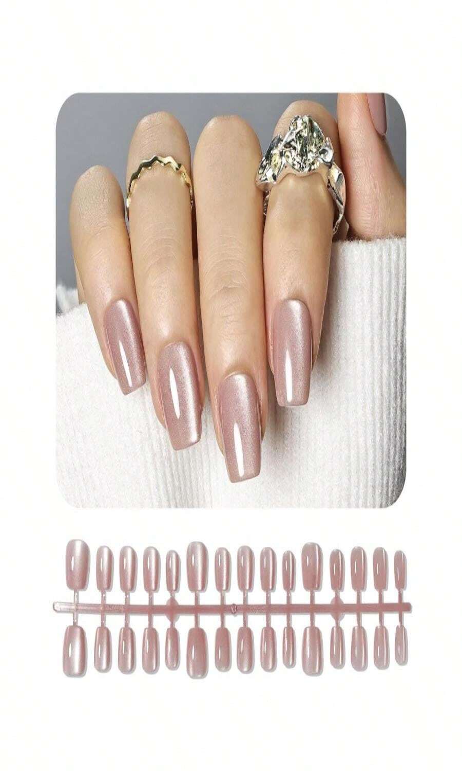 JODSONE 30PCS Pink Cat Eye Stick On Nails Set Acrylic Short Square Reusable Press On Nails Glitter Glossy Magnetic Soft Gel Fake Nails For Women - ColorI - 查看 1