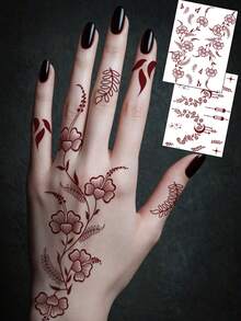 2 Sheets Of Wine-Red Moon Leaf/Flower Pattern, Waterproof And Sweat-Resistant Temporary One-Time Tattoo Stickers, Suitable For Women, Sensual Body Painting, Maneki-Neko Design, Ideal For Party And Festival Decorations. - Burgundy - View 2