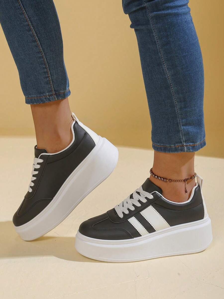 Women Lace Up Platform Casual Sneakers Thick Sole Street Style Shoes - Black - View 1