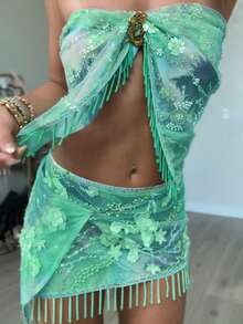Women's 2026 Spring Summer Green Beaded 3D Floral Print Sheer Cover-Up Skirt Valentine's Day New Year Romantic Beach Party Vacation Poolside Cocktail Sexy Outfit - Green - View 10