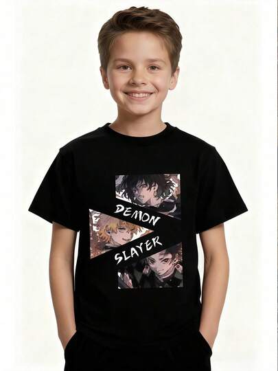 Ropa de regalo de Año Nuevo, camiseta de algodón puro de 180g, camiseta de anime japonés Slayer Demon Manga para hombres y mujeres, disfraz adulto, camiseta de manga corta impresa de un solo lado, algodón pesado de 180g, top de primavera verano, camiseta de ajuste relajado, lavable a máquina, camiseta de estilo pullover, estilo retro hip-hop, estilo callejero, adecuada para todas las estaciones, ropa de verano.