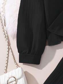 Left Mama 2pcs/Set Tween Girls New Autumn Collared Long Sleeve Shirt Top And Pants - Black - View 4