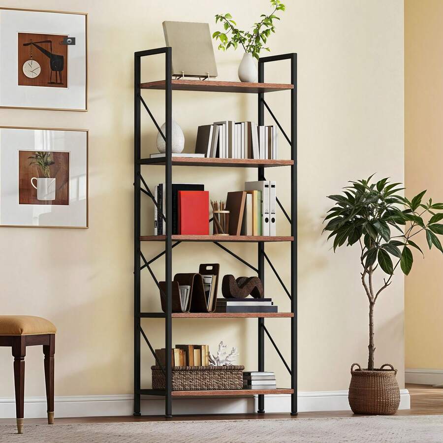 5 Tiers Bookcase Tall Book Shelf With Metal Frame, Industrial Display Storage Rack, Shelving Units For Living Room Bedroom Home Office Kitchen, Rustic Brown Book Shelves - Mocha Brown - View 1