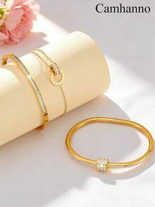 3pcs Light Luxury Elegant Stainless Steel Bracelet, Women's Bracelet Stacking Set, Durable Daily And Party Jewelry - Multicolor - View 3