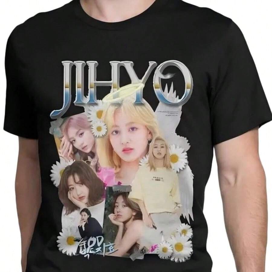 Men-Womens-Jihyo-Twice-T-Shirts-Korean-Group-Music-Cotton-Clothing-Short-Sleeve-T-Shirt - 黑色 - 查看 1