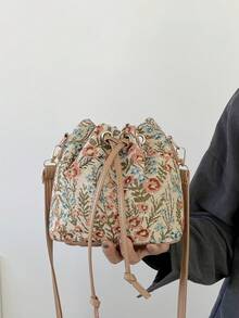 新款中国风单肩包，书法单肩包，复古印花水桶包，女士休闲时尚手提包，春季托特包 - 彩色 - 查看 6