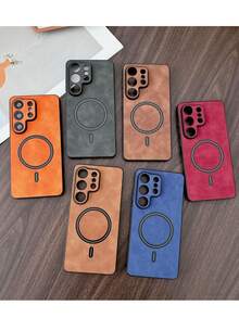 奢华哑光皮革磁吸无线充电手机壳，兼容三星 Galaxy S26 Ultra S24 S25 S23 Ultra Plus S25 Edge，防震护甲边框保护套 - 橘色 - 查看 4