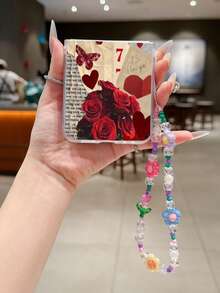 1PC Fashion Matte PC Material Simple Newspaper Rose Love Element Folding Phone Case, Paired With Same Color Bracelet, Can Protect And Prevent Falling: SamsungGalaxy Zflip 3/Zflip 4/Zflip 5/Zflip 6/Zflip 7/OPPO Find N3 Flip/ Razr 50 Ultra/ Razr 60 Ultra/ Rallazar 60/ Razr 50/XiaomiMIX Flip/Galaxy Z Flip7 FE - Red - View 3