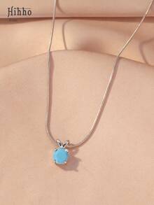 Hihho 1pc Minimalist Navy Blue Single Zirconia Pendant Necklace, Silver-Tone Stainless Steel Snake Chain Women's Clavicle Necklace - Silver - View 6