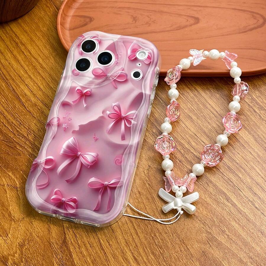 1pc Pink Bow Print Funny Pattern Shockproof Phone Case With Rose Wrist Strap, Suitable For Self-Use, Couple/Valentine's Day, Spring Gifts, Compatible With IPhone 11/12/13/14/15/16/16 Pro/16 Pro Max