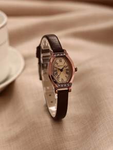 1 chiếc đồng hồ nữ kiểu dáng retro, dây da, máy quartz, thích hợp để đeo hàng ngày. - Cà phê nâu - Xem 3