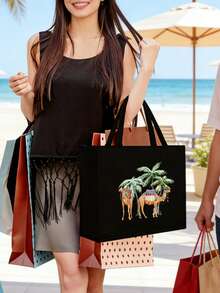 Linen Tote Bag, Including Two Camels And Coconut Tree Pattern Printing Tote Bag And A Printed Small Bag, Letters, Flowers, Personalized Gift Package, Eid Combination Of Small And Large Bags, Family Reunion Devout,Suitable For Weddings, Birthdays - Multicolor - View 8
