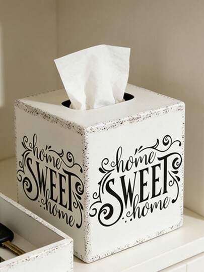 낡은 흰색 사각형 철제 티슈 상자, "Sweet Home/This Is Us" 예술적 슬로건 장식 티슈 상자. 스위트 홈 스타일: 빈티지 필기체 글꼴 및 스크롤 장식과 짝을 이루어 따뜻하고 치유되는 분위기. This Is Us 스타일: 원형 레이아웃 + 잎 요소로 표현되어 예술적인 분위기가 가득합니다. 데스크탑, 현관 티슈 보관에 적합한 사각형 모양, 빈티지 슬로건과 질감이 있는 장식용 홈 액세서리, 실용적이고 스타일리시합니다.