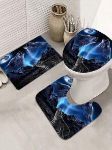 1/4pcs Wolf Pattern Shower Curtain Set, Waterproof Shower Curtain With 12 Hooks, Non-Slip Bath Rug, Toilet U-Shape Mat, Toilet Lid Cover Pad, Bathroom Partition, Bathroom Accessories - Multicolor - View 8