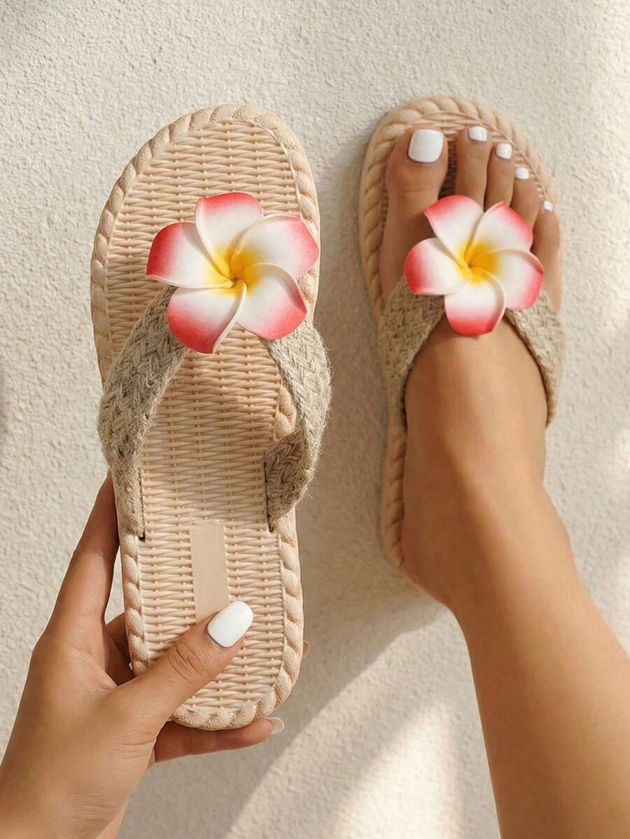 planare 新款3D粉色花朵装饰女士人字拖，编织纹理休闲度假风沙滩凉鞋，舒适轻便百搭的夏季平底鞋，优雅婚礼及日常室内/室外穿着，适合搭配连衣裙