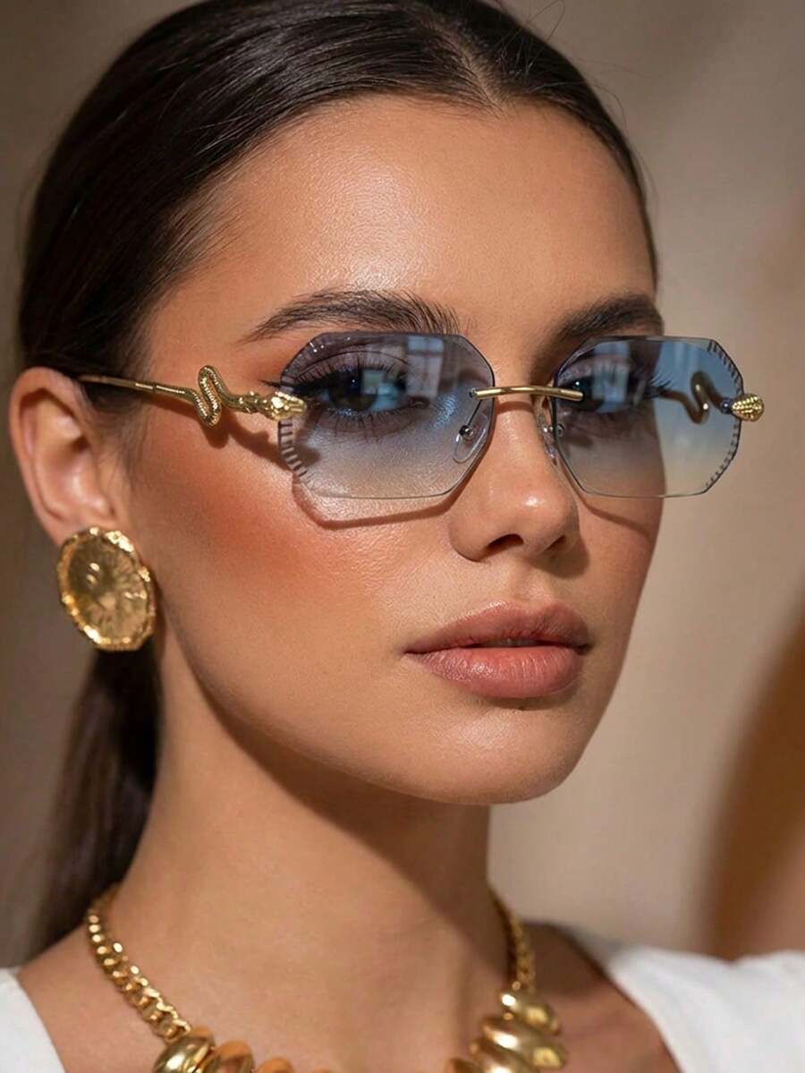 1 Pair Metal Square Frameless Blue Lens Fashion Glasses - Gold - View 1
