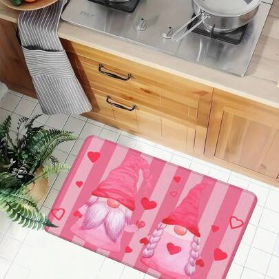 Tapete/capacho listrado rosa com estampa de anões para o Dia dos Namorados (1 peça). Fácil de limpar, antiderrapante, ideal para todas as estações do ano. Perfeito para entradas, ambientes internos e externos, cozinhas, jardins, banheiros, quartos e quintais. Também é uma ótima opção para decoração de aniversários, festas e casamentos.