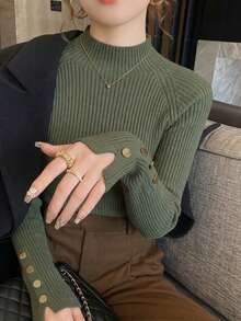Áo len cổ lọ màu kaki dành cho nữ, trang trí nút kim loại, áo len ấm áp để mặc nhiều lớp, thích hợp mặc khi đi làm và mặc hàng ngày, mùa thu/đông - màu xanh lá - Xem 2