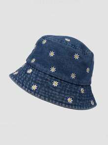 1 pieza Sombrero de cubo de mezclilla lavada con bordado de margarita, sombrero de cubo unisex para protección solar, apto para todas las estaciones - Multicolor - Ver 5