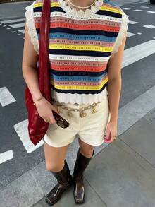 Joy Knit 女士春夏新款时尚单品，夏季假日，春季女装，简约休闲时尚百搭，女士休闲上衣，情人节，彩色条纹撞色滚边圆领针织背心，适合休闲外出、日常穿着、海滩度假、外出上衣、假期穿着 - 杏色 - 查看 2