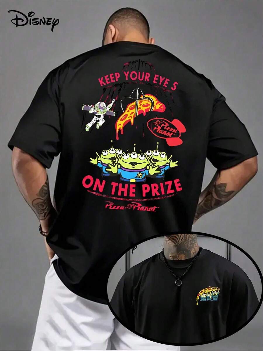 Disney: 1 Toy Story Men's T-Shirt Buzz Lightyear+Alien! Toy Story "Journey Of Prize" Pattern, Dark Background, Breathable Lightweight Fabric. - 黑色 - 查看 1