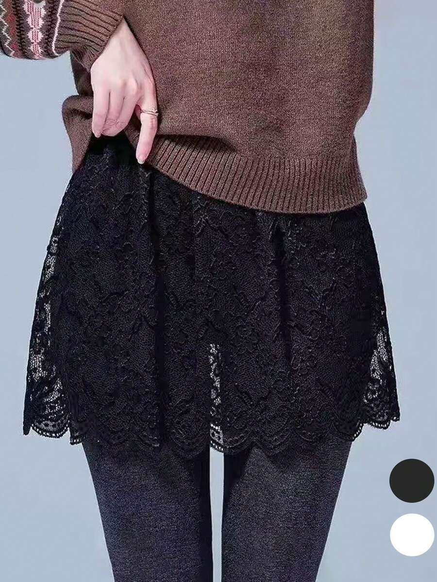 2件/1件 - 女士蕾丝底半身裙，带卫衣叠层和内衬，小梅花卫衣下摆蕾丝内衬裙，时尚百搭的遮羞布裙，蕾丝遮羞布半身裙，防眩光遮羞布外裙叠层时尚短裙。 - 彩色 - 查看 1