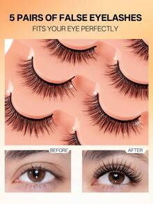 5对6D蓬松假睫毛 - 卷翘浓密，打造丰盈眼妆，手工制作，可重复使用，短款自然睫毛 - 黑色 - 查看 3