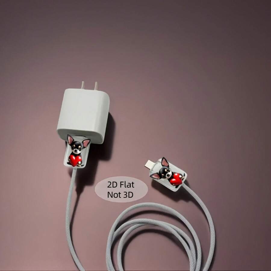 2D Flat, 2pcs Cute Chihuahua Design Data Cable Protective Sleeve Holding A Red Heart - Anti-Break Type-C Charger Data Cable Cover, Durable And Flexible Mobile Phone Wire Protective Cuff, Fun Accessory, Soft Material, High-Tech Gadget, Essential For Gadget Lovers - Multicolor - View 1